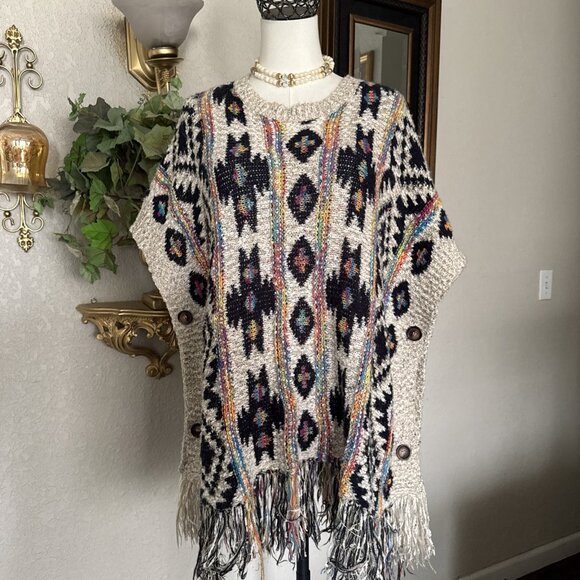 Women's Poncho knit Sweater Aztec Multicolor Metallic Patches Button Side Sz 10 - Picture 2 of 15